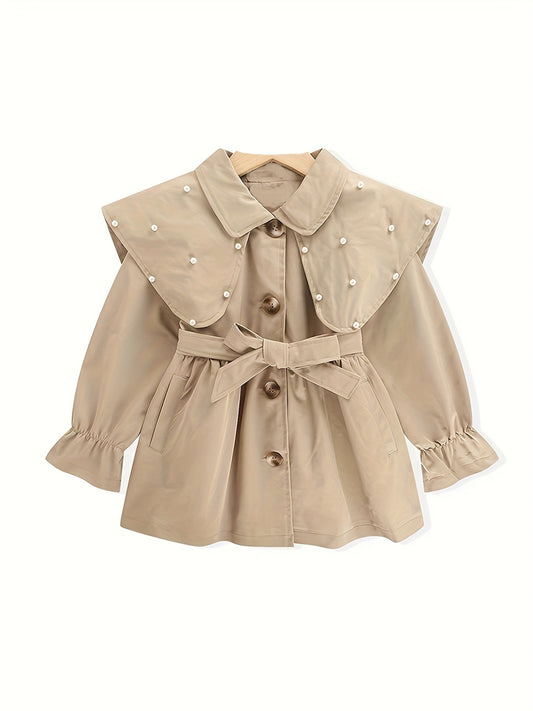 Girl's versatile trench coat with bead details, big doll collar, belt, and windbreaker jacket for spring and autumn.