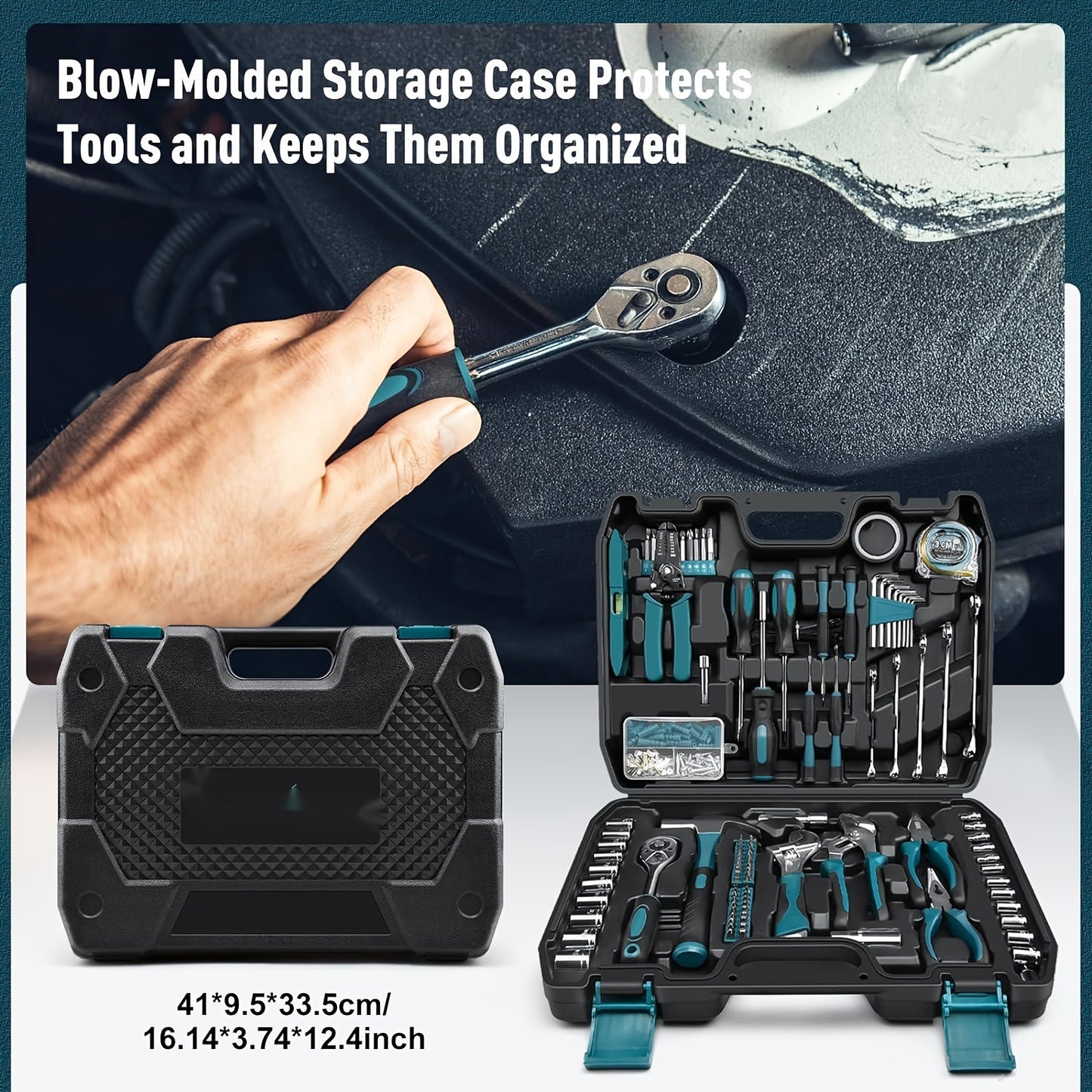 281-piece home tool kit with socket wrench, screwdriver, hex keys, pliers, and storage case. Perfect for DIY projects and gifts.