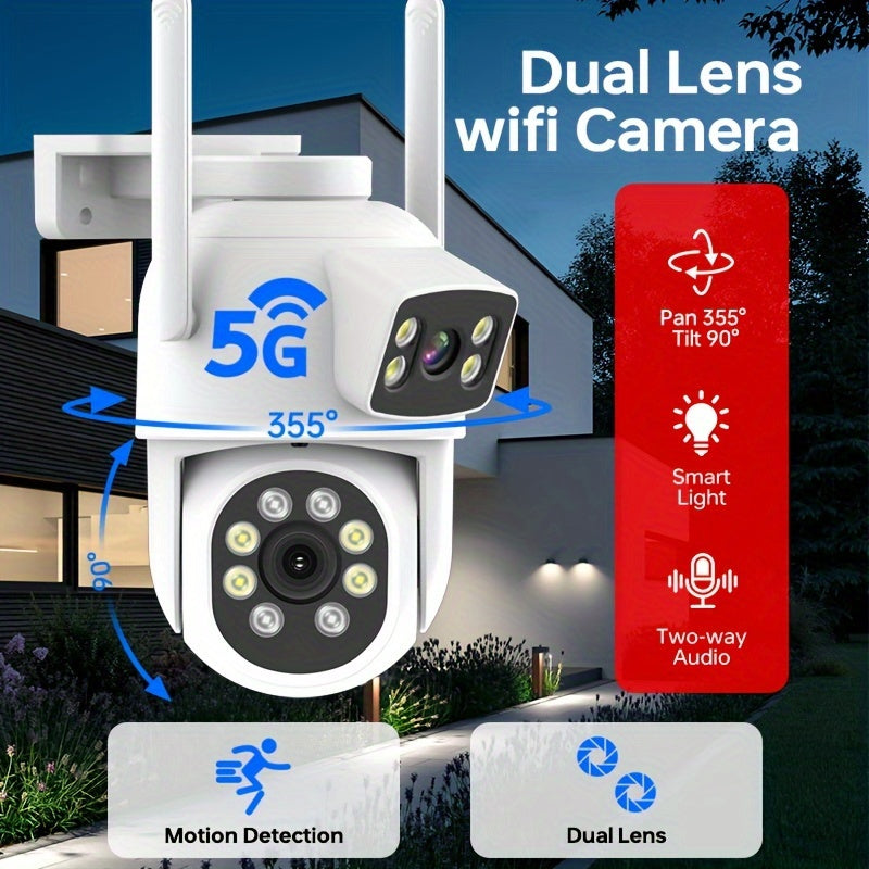 WiFi security camera with dual lens for 360° view, motion tracking, two-way audio, 5GHz WiFi, smartphone app, suitable for home monitoring. Outdoor wall-mounted with wireless connectivity.