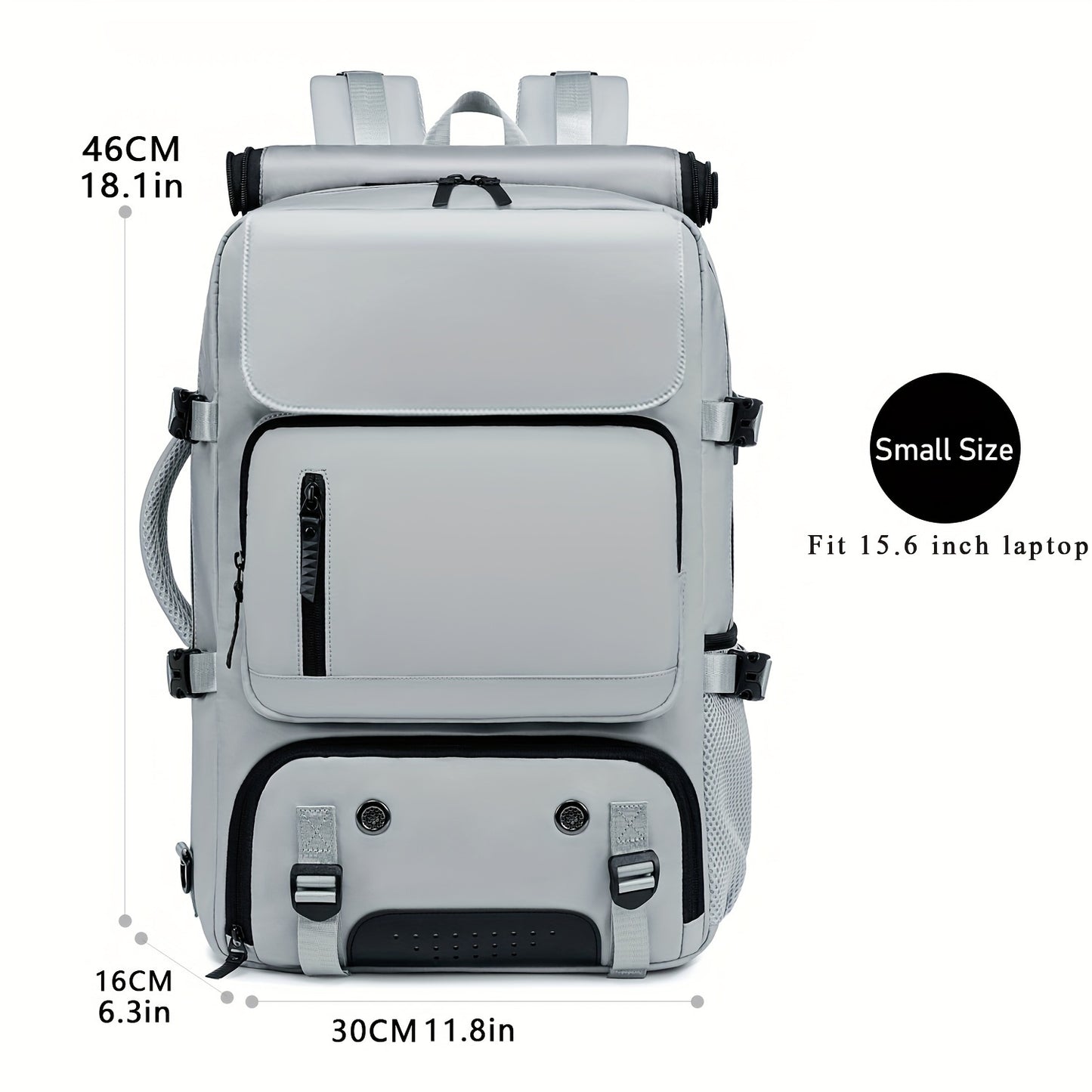 Waterproof backpack with USB port, trolley sleeve, shoe grid for outdoor activities.