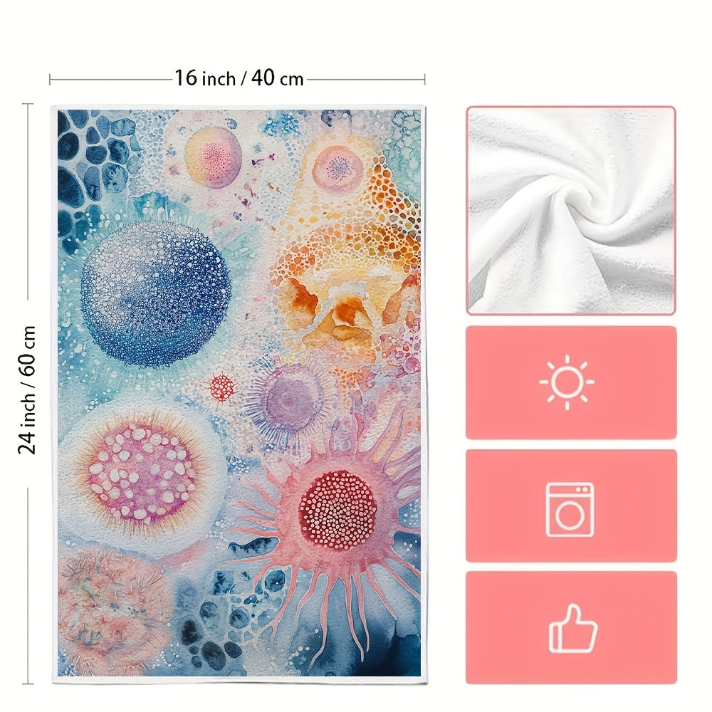 Two ultra soft kitchen towels featuring a design of eukaryotic vs prokaryotic cells. These highly absorbent and machine washable dish hand towels showcase a vibrant marine life theme. Measuring 40.64x60.96 cm, they are the perfect addition to your