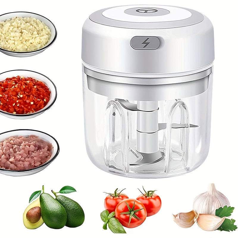 The handheld wireless garlic grinder is a mini electric food chopper with a 250ml capacity. It is portable and rechargeable via USB, made of plastic and suitable for blending fruits, vegetables, onions, nuts, and meat. The chopper operates automatically