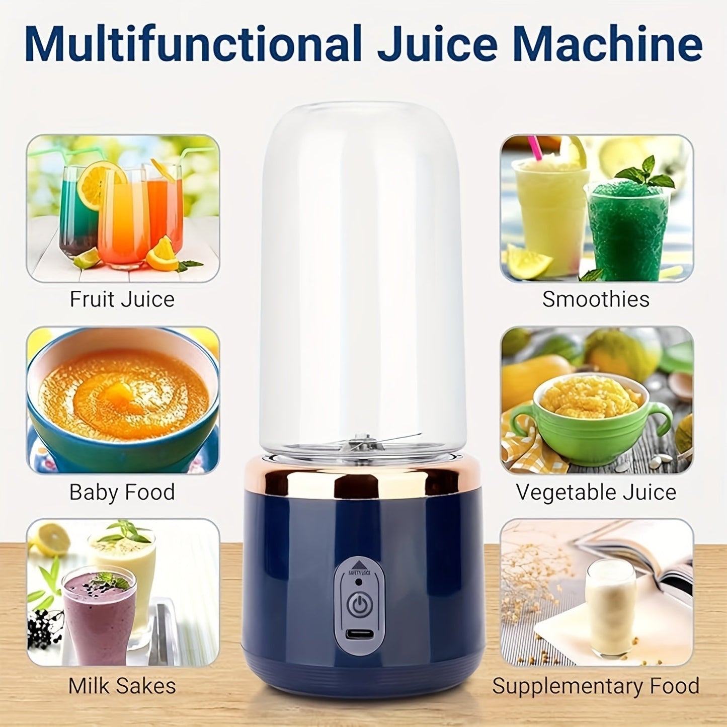 This portable blender is great for making smoothies and shakes on-the-go! It's rechargeable via USB, has 6 sharp blades for easy blending, and is lightweight at only 430g. Ideal for use in the kitchen, at home, or while traveling.