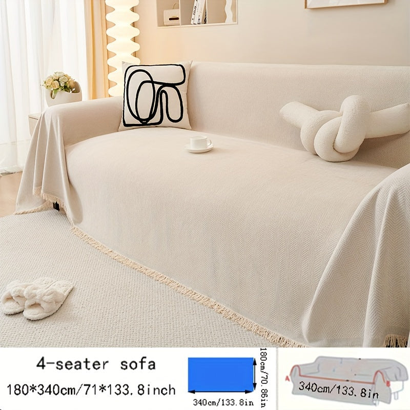 Contemporary chenille sofa throw, waterproof baby fleece cover, universal fit for all-season use. Features tassel embellishment and is machine washable. Made of 100% polyester, suitable for various furniture sizes in different rooms.