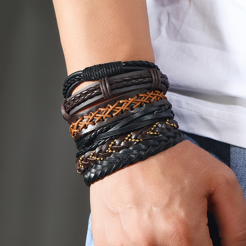 Set of 36 Men's Hand-woven Multi-layer Pu Leather Bracelets, Adjustable and on Sale