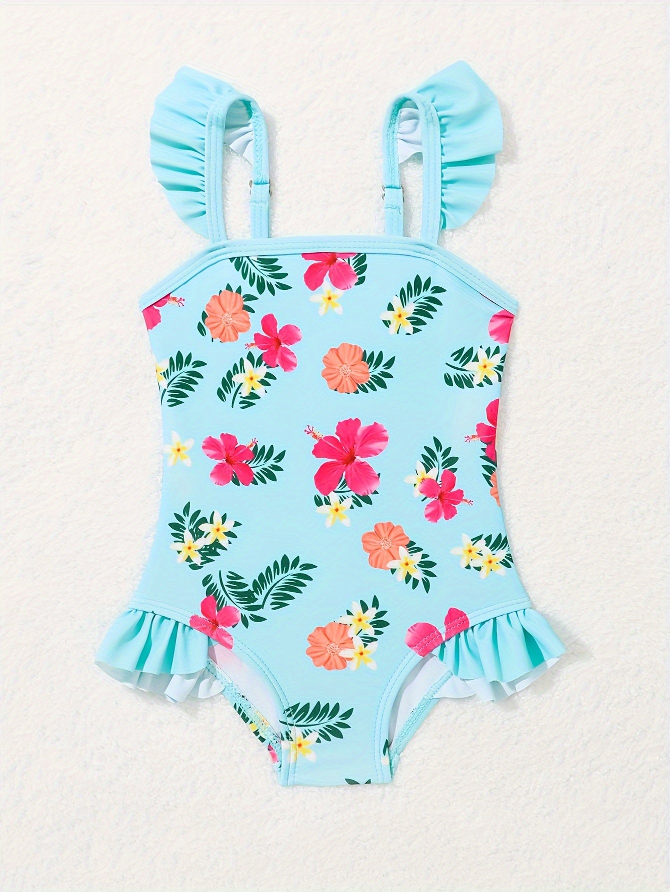 Adorable pineapple pattern one-piece girls' swimsuit in quick-dry, stretchy polyester with ruffle detail, off-shoulder design for toddlers.