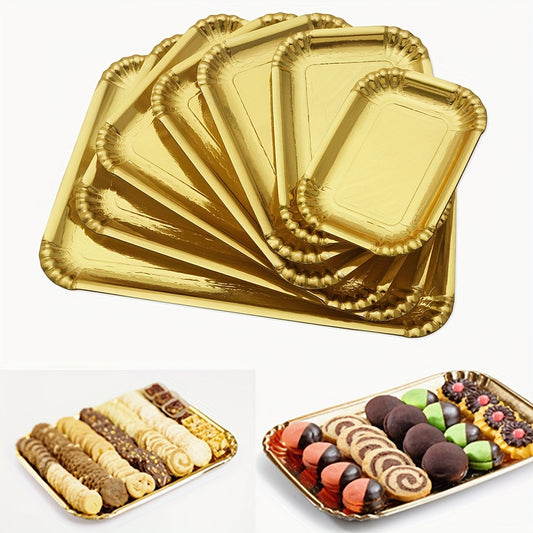 10 elegant golden rectangle cake boards with scalloped edges, designed for heavy duty use. These disposable paper serving trays are greaseproof and perfect for serving desserts and cupcakes. Ideal for birthday parties, weddings, and holiday celebrations.