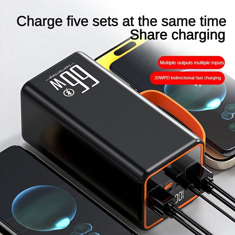 Portable power bank with 66W super fast charging, 30000mAh or 50000mAh capacity for outdoor use.