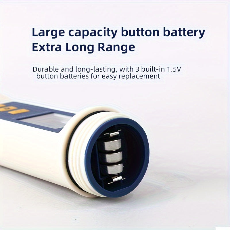 5-in-1 Water Quality Testing Pen with pH range 0-14pH. Large colorful screen. Measures pH/TDS/EC/Temp/Salinity. Battery operated. Non-rechargeable button batteries <20mm. Industrial