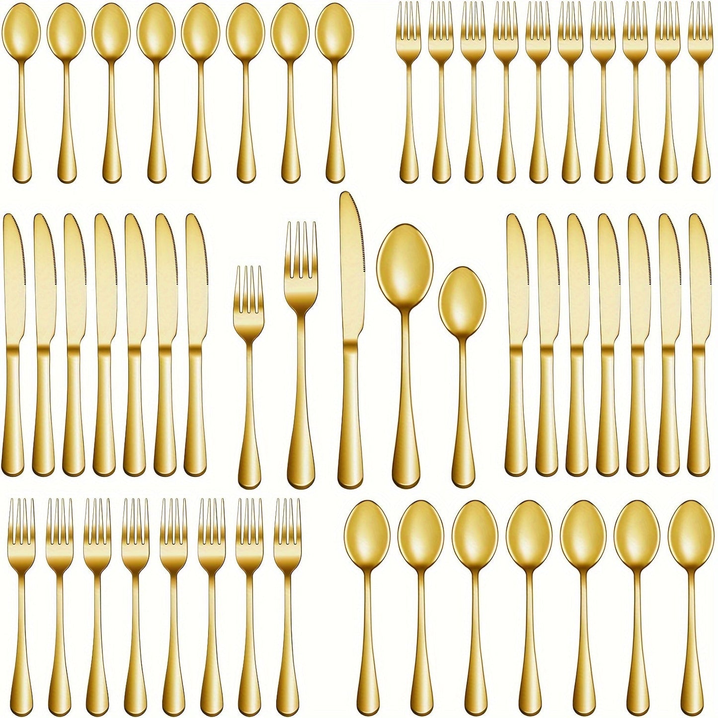 Set of 40/60 pieces of stainless steel cutlery with a luxurious golden finish, perfect for home dining. Each piece is mirror polished and dishwasher safe, making it ideal for special occasions such as Easter, Father's Day, Mother's Day, anniversaries