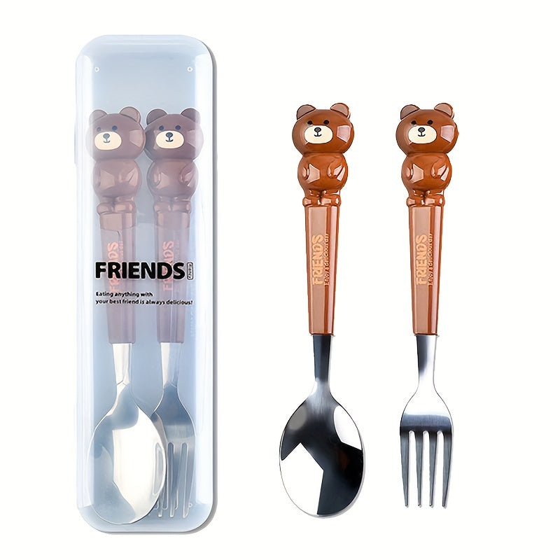 A set of 2 stainless steel utensils with cartoon design, stored in a reusable transparent case, perfect for home, school, or outdoor activities.