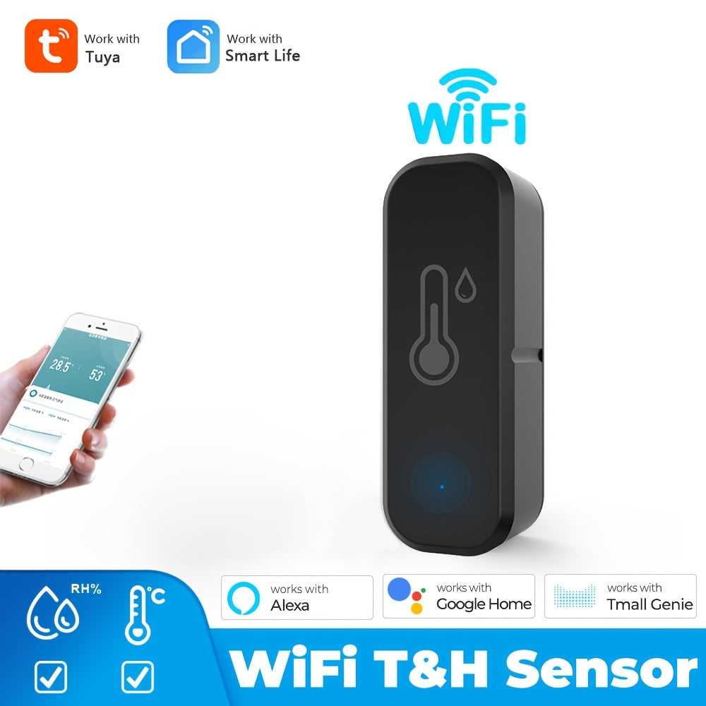 Smart sensor for detecting temperature and humidity changes, connects to WiFi/ZigBee protocol for app control of air conditioner and humidifier. Can be operated remotely via mobile phone