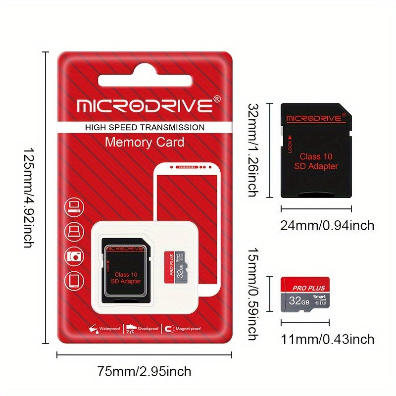 High-speed Class 10 U3 Microdrive Pro Plus Memory Card in red and gray, available in sizes 4GB to 256GB, offers reliable performance for smartphones, tablets, and more.