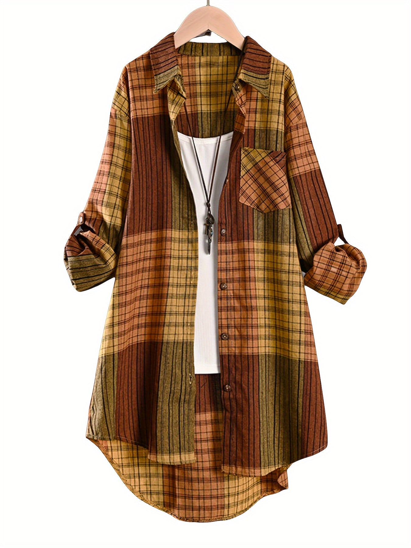 Women's new striped plaid long shirt in casual retro style, offering sun protection in a loose fit.