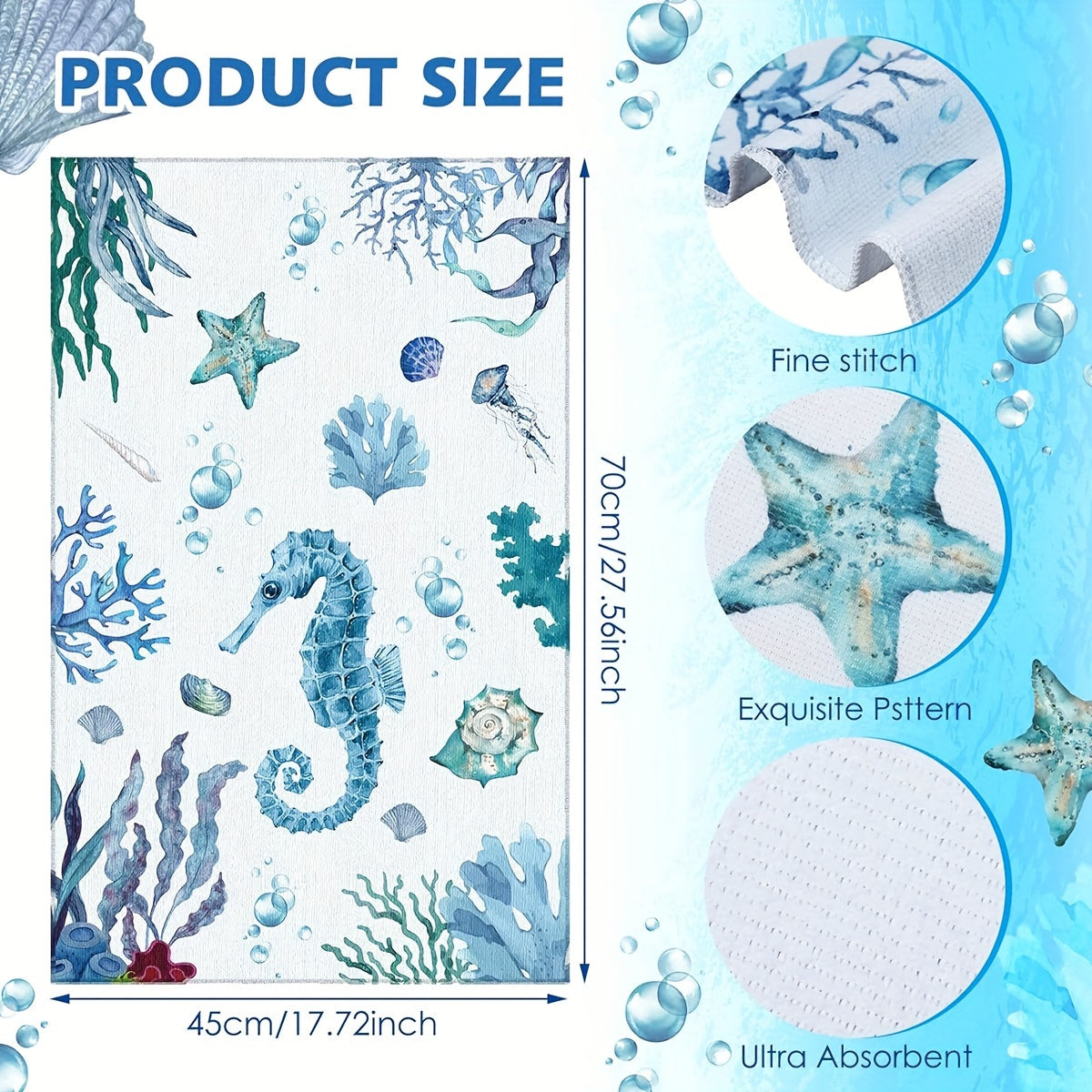 6-piece kitchen towel set featuring turtle and ocean animal design, made of ultra-soft microfiber. Absorbent and ideal for cooking, baking, and cleaning. Great for home decor, measuring 45.72x71.12 cm.