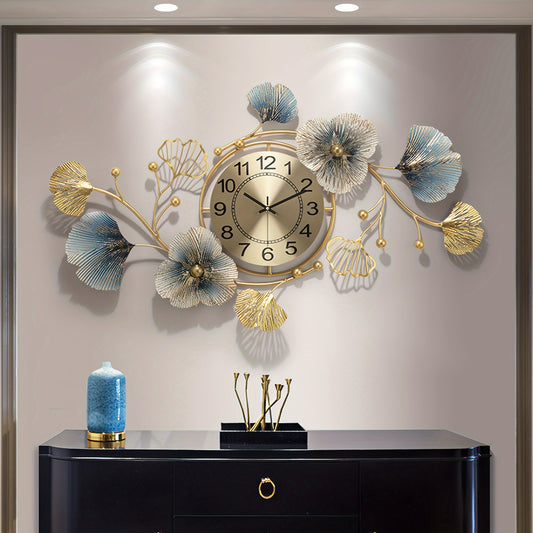 Stylish Ginkgo Leaf Metal Wall Clock - Quiet, Luxurious Floral Design for Various Spaces, Battery Operated (AA Not Included)