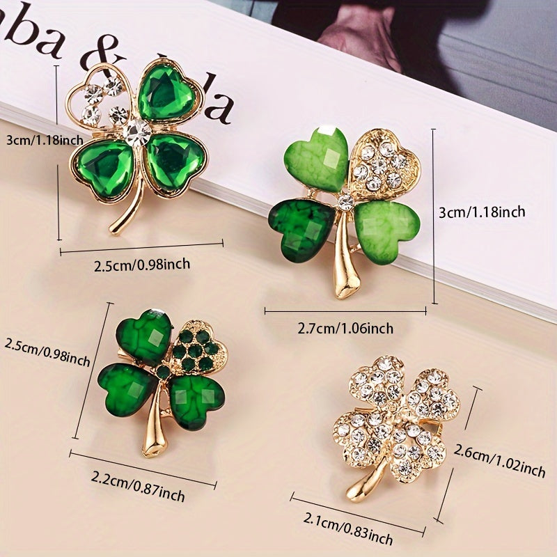 Set of 4 alloy clover brooch pins with synthetic rhinestone mosaic in a simple, cute style. Perfect fashion accessory for clothing, daily wear, and gift occasions throughout all seasons.