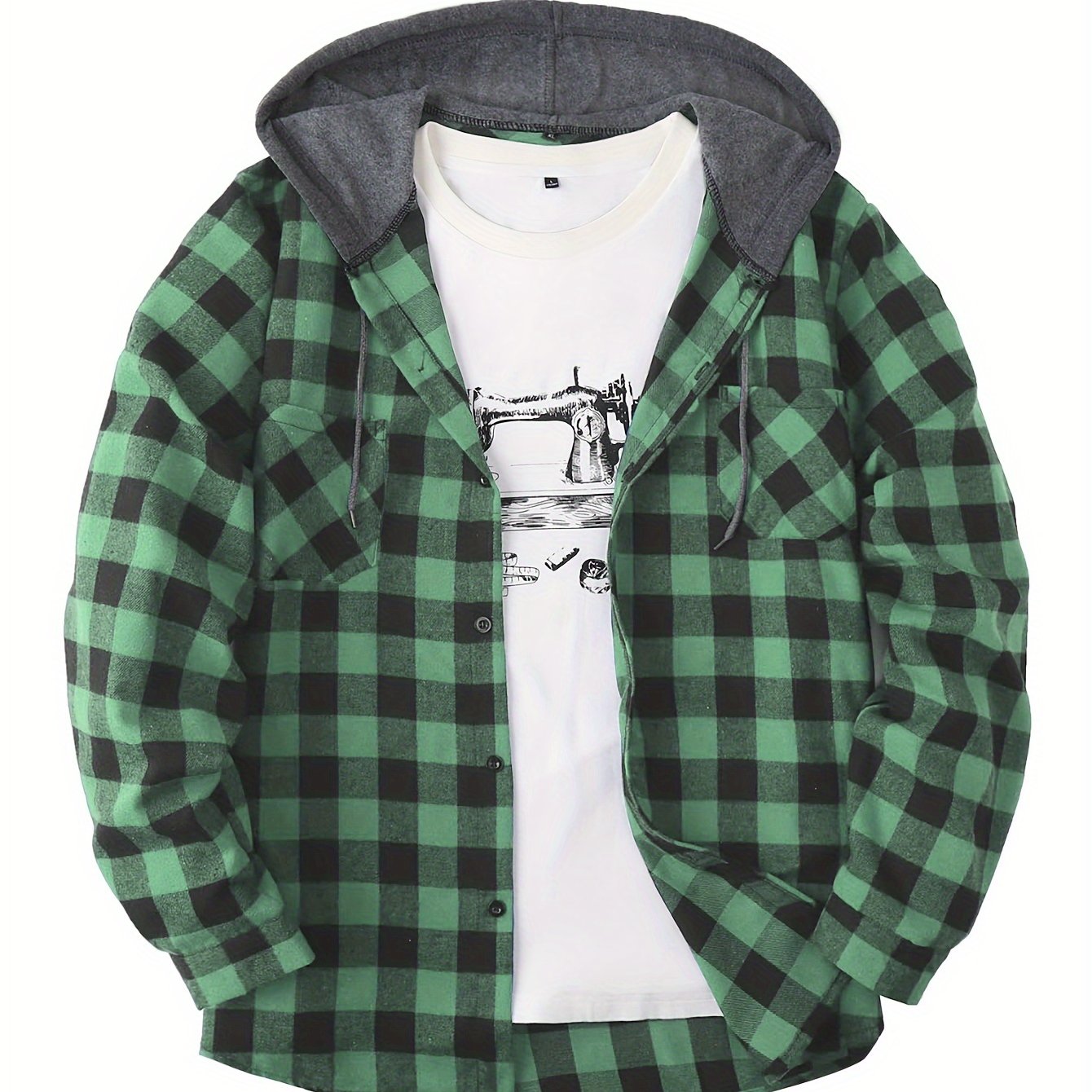 Men's plaid hooded shirt jacket with long sleeves and a regular fit.