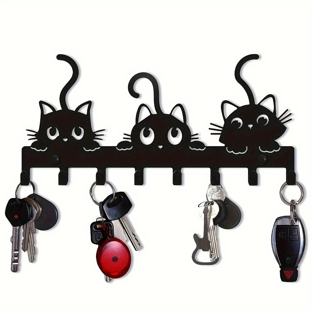 1-cat key hook holder made of wrought iron, ideal for home installation in living room or bedroom.