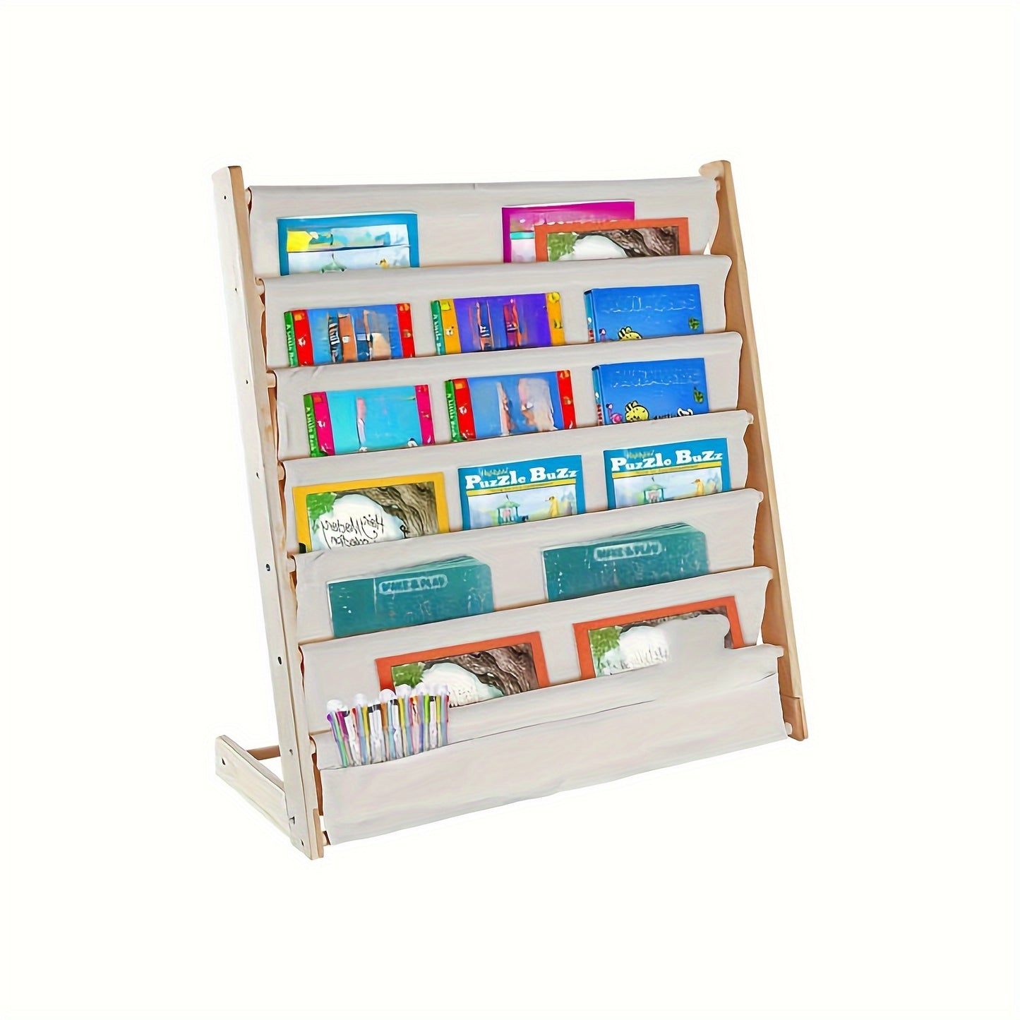 Wood bookshelf with fabric pockets and rounded edges, secured with screws.