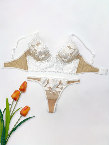 Women's Floral Embroidered Lingerie Set with Push-Up Plunge Bra and Mesh Thong