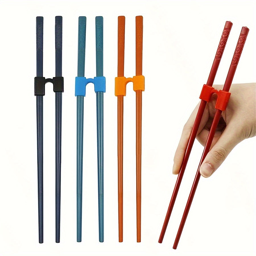 Set of 4 chopstick grip aids with interchangeable plastic connectors, ideal for adults, beginners, and learners. Dishwasher safe. Chopsticks not included.