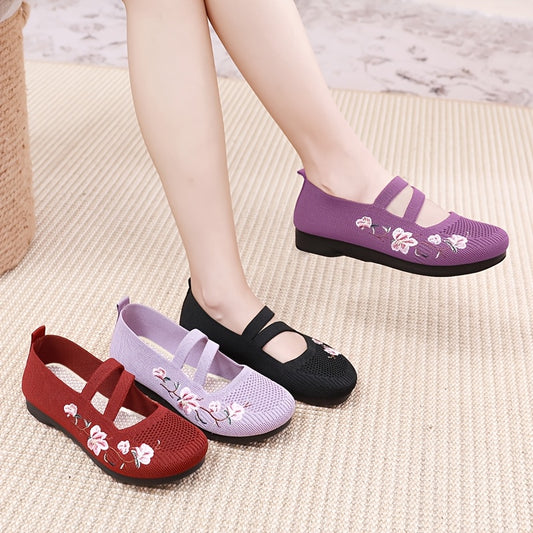 2024 Women's Summer Casual Knit Flats in Purple & Red with Soft Sole & Embroidered Floral Design, Lightweight & Comfortable Textile Footwear