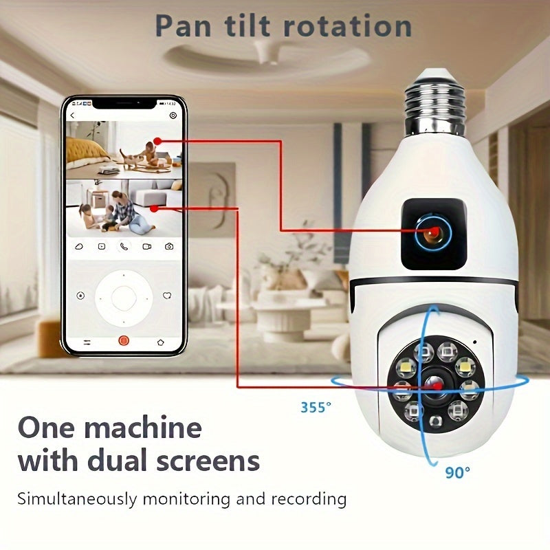 New: "Introducing the 1pc Panoramic Light Bulb Security Camera with Dual Camera technology. This E27 WiFi camera is perfect for home and outdoor surveillance, compatible with smartphones and featuring smart motion detection and two-way audio