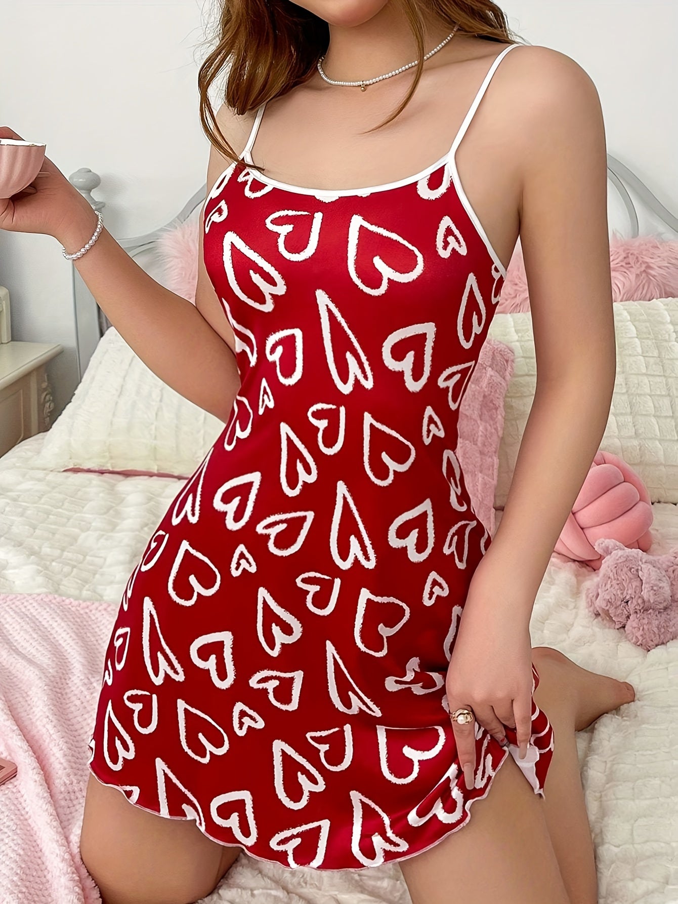 Stylish and comfortable summer slip dress with heart pattern for women - made from soft, machine-washable polyester blend - ideal for any occasion