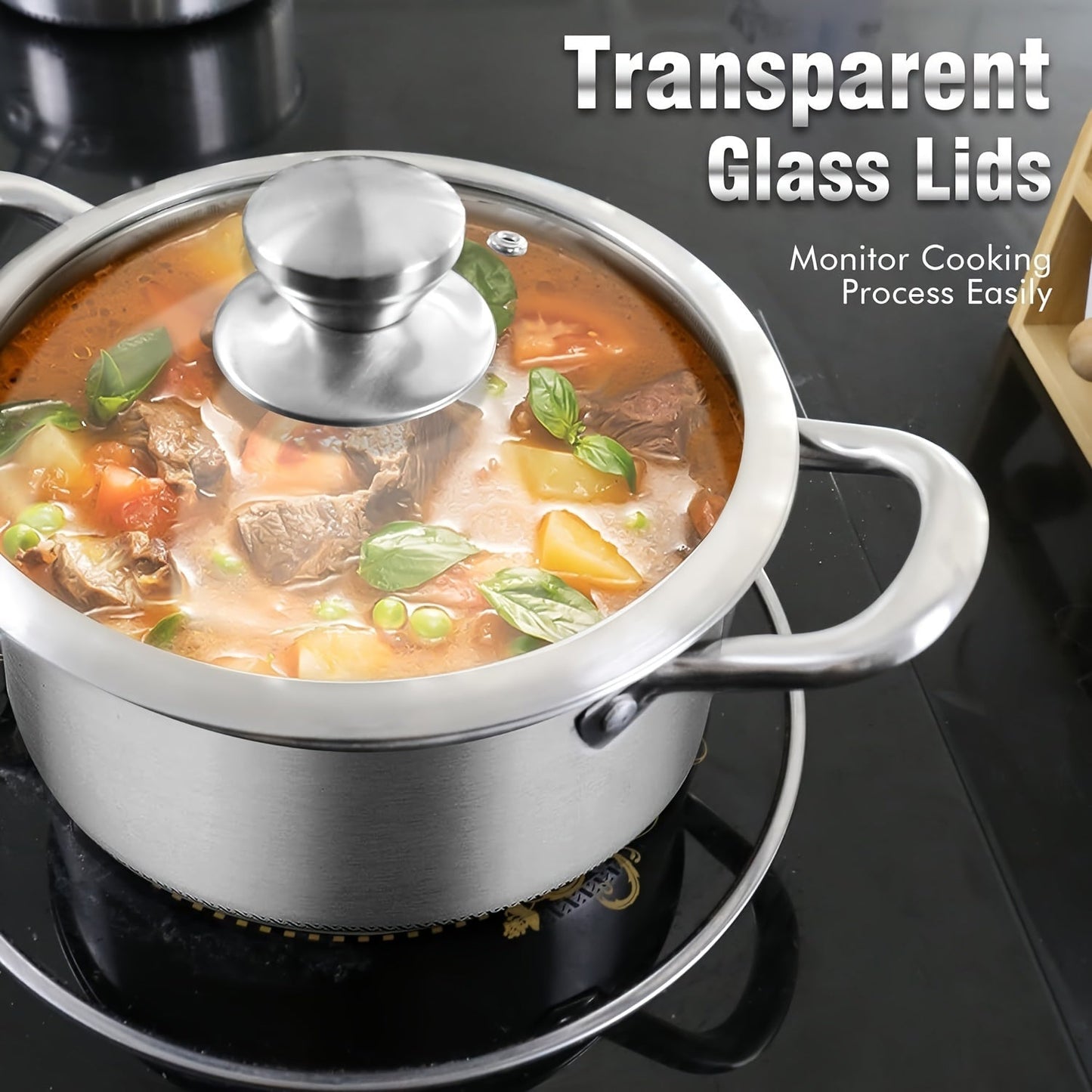 A 6-quart Stainless Steel Soup Pot with a Hybrid Non-stick Coating and Glass Lid, featuring a Honeycomb Carved Design for Induction Cooking. This versatile Soup Pot is compatible with all stoves, non-toxic, and safe for use in the dishwasher and oven.