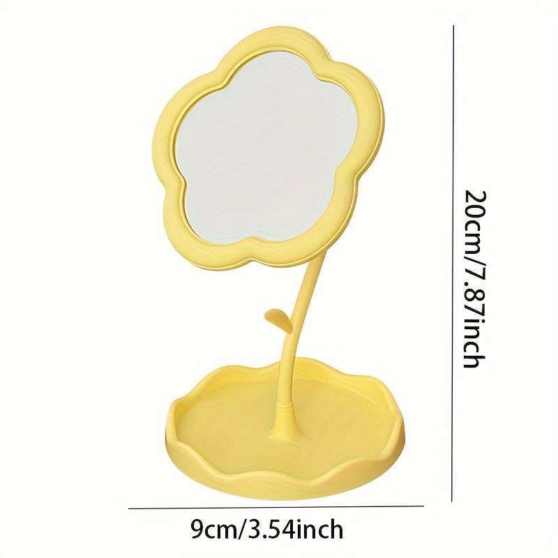 Boxed trumpet cosmetic mirror with flower design, high-definition glass, adjustable bracket, ideal for dressing tables. Perfect for beauty enthusiasts, room décor, and dressing table installation. Plastic frame.