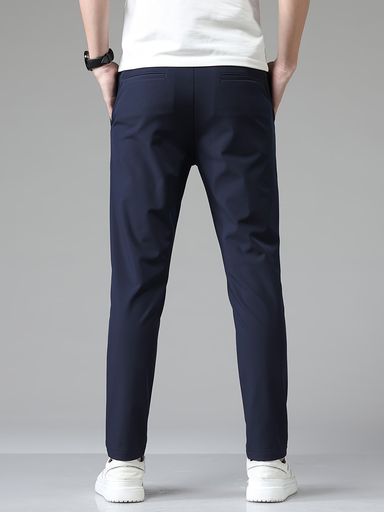 Machine washable caramel trousers, slim fit with stretch, straight-leg, woven fabric. Business casual style for 2024.