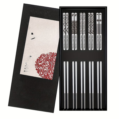 Set of 5 stainless steel chopsticks, dishwasher safe, laser-engraved non-slip design, perfect for cooking and eating, great for gifting.