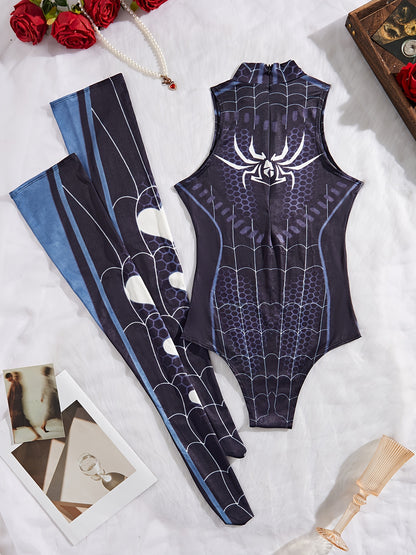 Sexy lingerie set includes spider themed bodysuit, socks, and costume.