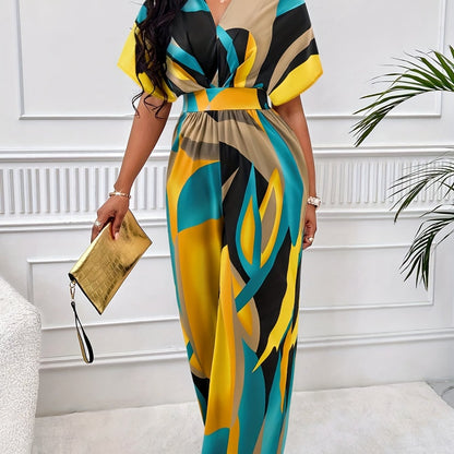 Women's geometric print jumpsuit with batwing sleeves, tie waist, v-neck, machine washable polyester, suitable for all seasons.