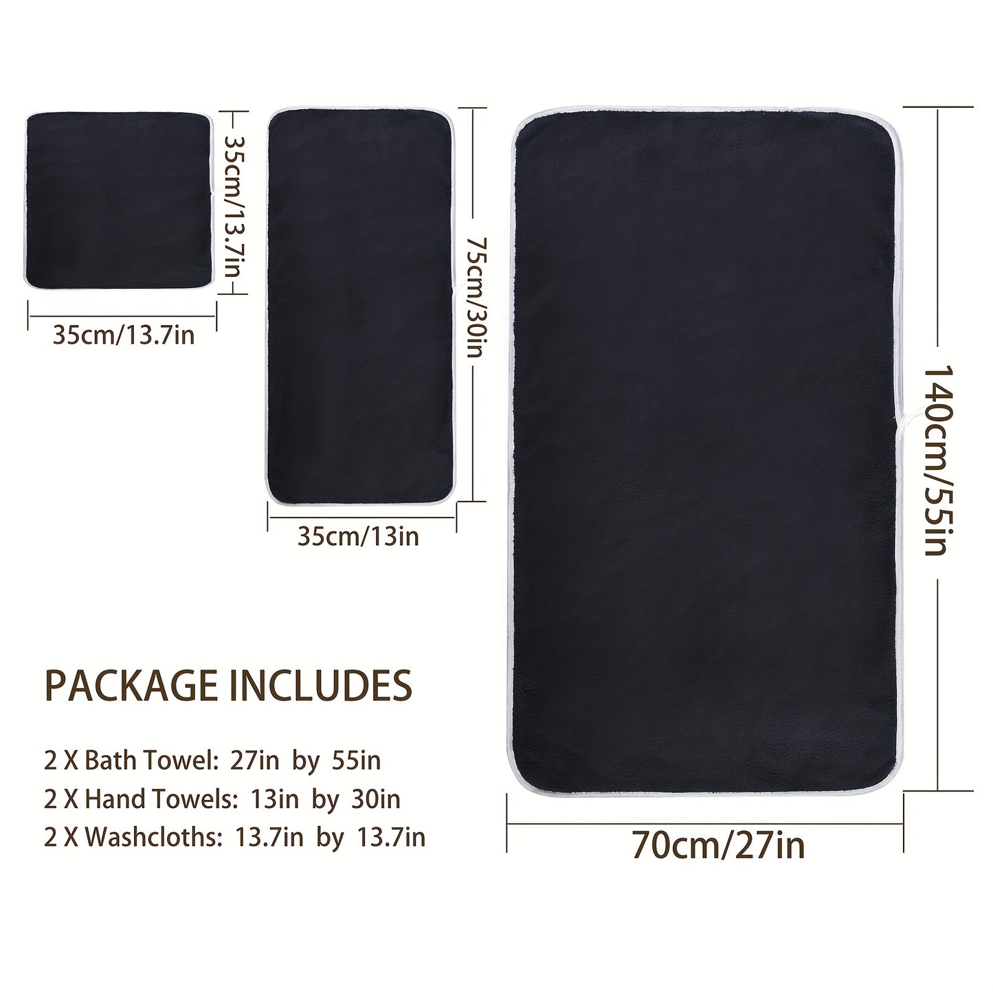 Super soft microfiber bath towel set includes 8 pieces: 2 bath towels (68.58 x 139.7 cm), 2 hand towels (34.8 x 76.2 cm), and 4 square towels (34.8 x 34.8 cm). Quick drying, highly absorbent, and lightweight.