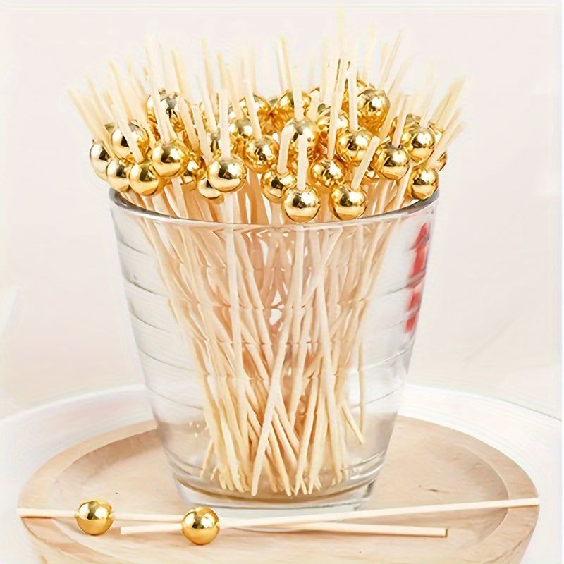 50/30 Bamboo Cocktail Picks with Golden Pearls - Elegant Skewers for Fruit, Cake, Snacks, and Appetizers - Ideal for Parties and Events