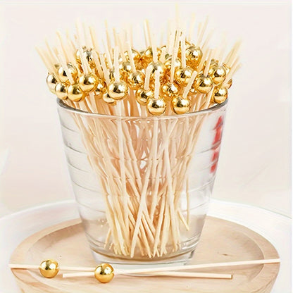 50/30 Bamboo Cocktail Picks with Golden Pearls - Elegant Skewers for Fruit, Cake, Snacks, and Appetizers - Ideal for Parties and Events