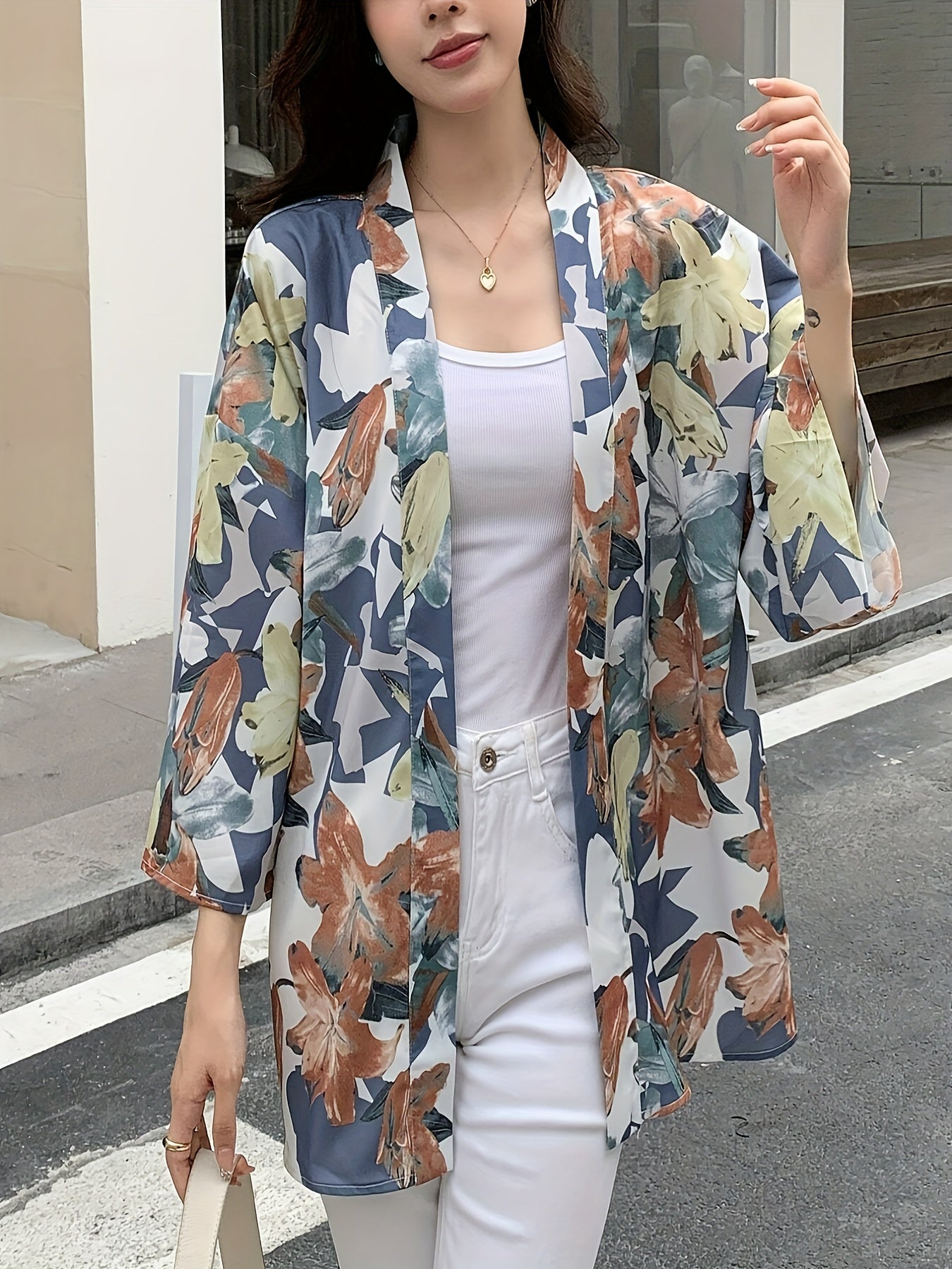 Floral Print Open Front Shirt, Women's Casual Long-sleeve Blouse for Spring & Fall.