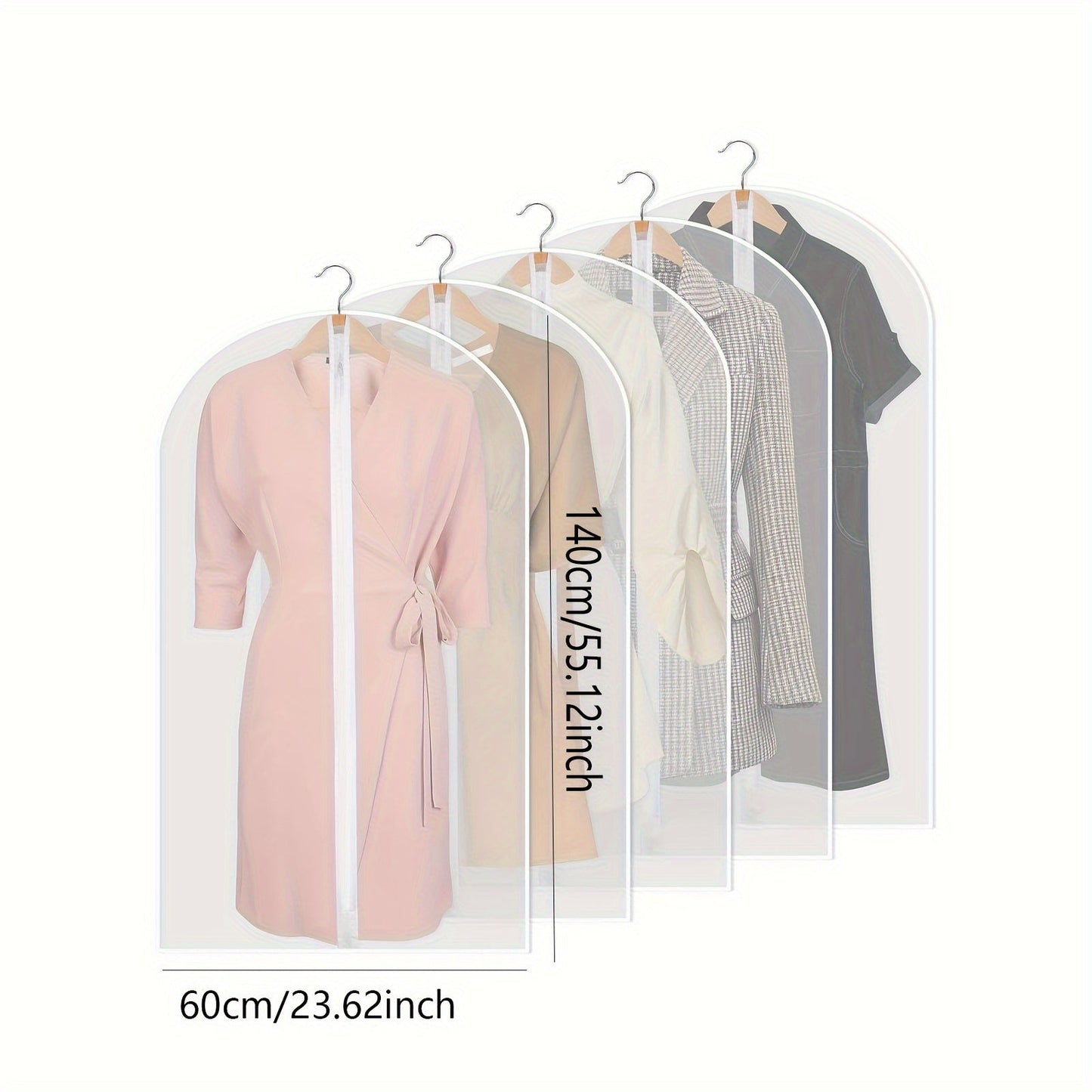 Five pieces of clothes dust cover bags with zippers, coat plastic hanging storage bags for household space-saving organization in the bedroom, bathroom, office, closet, wardrobe, home, or dorm.