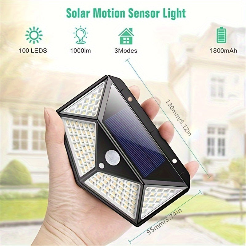 Motion sensor outdoor light for exterior walls, terraces, courtyards, garages, decks, gardens, powered by solar energy.