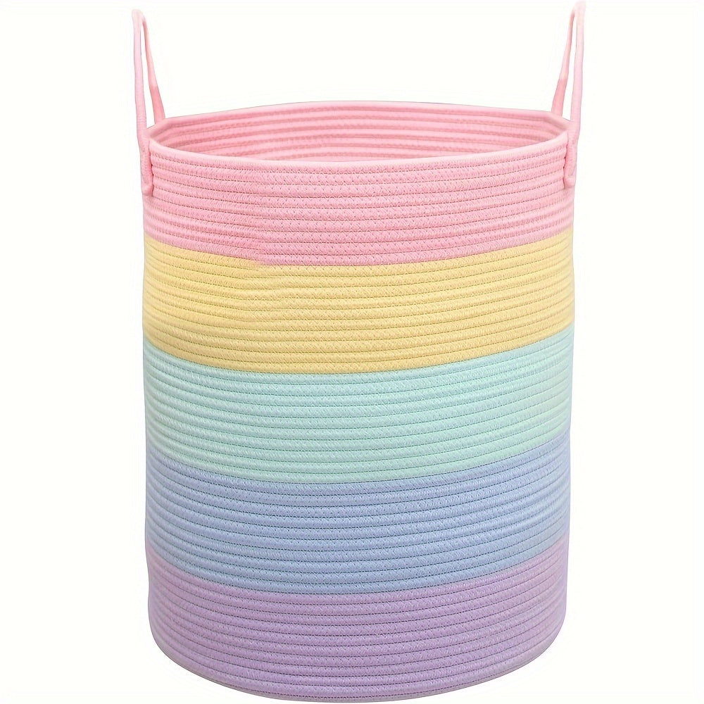 Vibrant rainbow woven basket with handles - 38.1x45.72cm tall for laundry and toys. Ideal for playroom, living room, or youngsters' bedroom. Striped design, durable fabric, easy to carry.