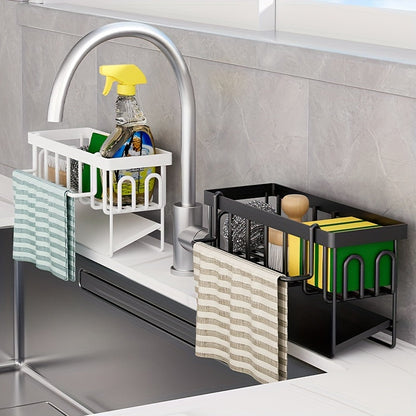 Black and white kitchen sink organizer with towel rack - includes metal sponge holder, dish soap caddy, and self-draining tray, offering versatility.