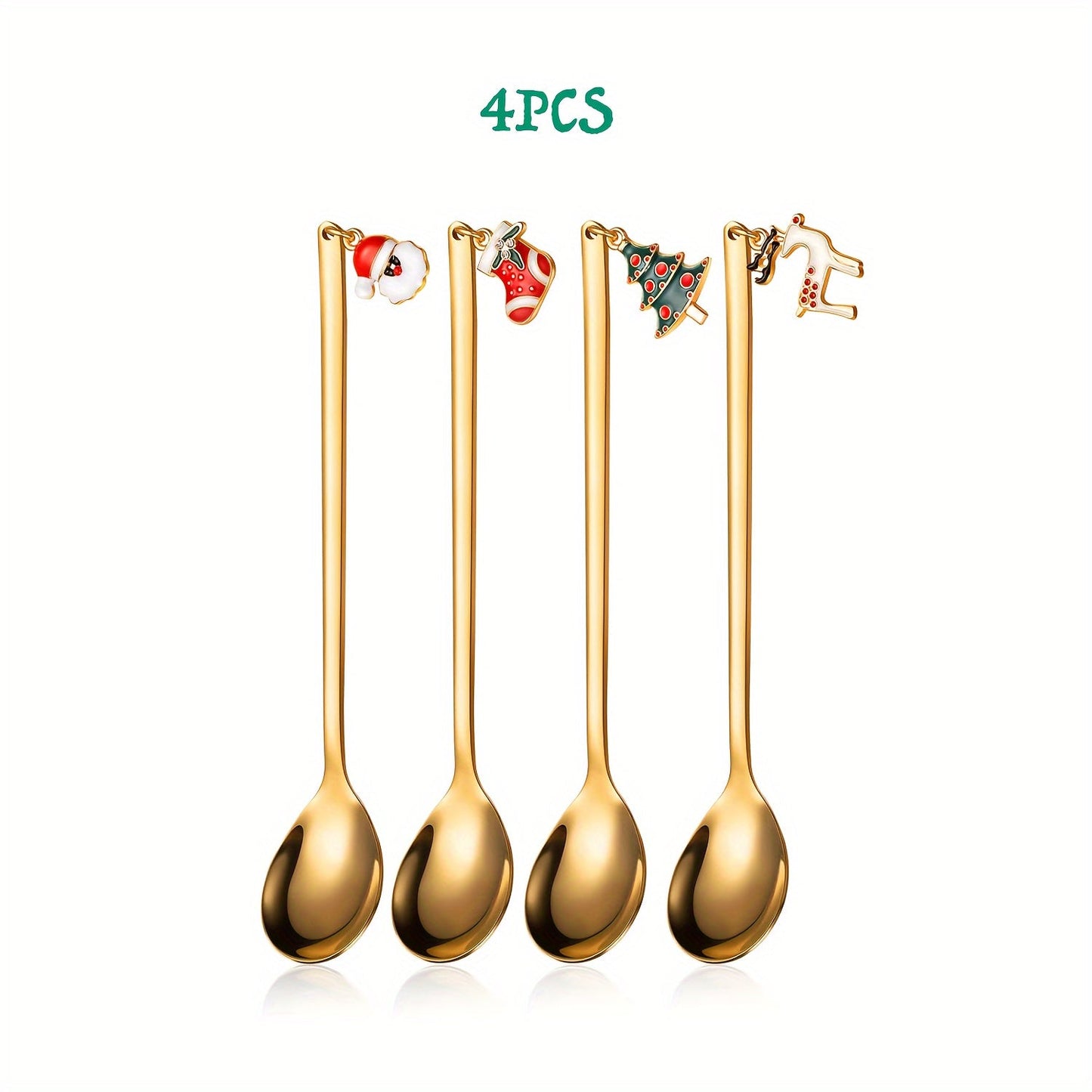 Set of four festive Christmas coffee and tea spoons crafted from stainless steel. These versatile spoons are perfect for stirring hot chocolate, enjoying ice cream, and indulging in desserts. They also make an ideal holiday gift and add a festive touch