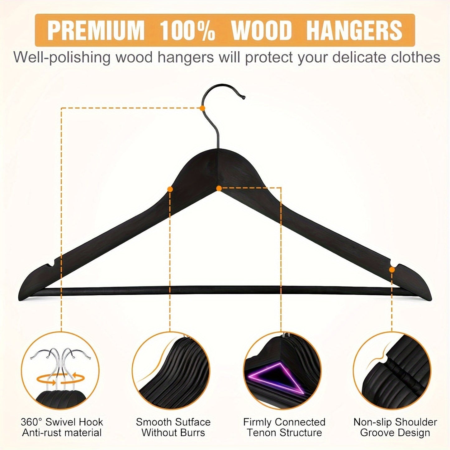 20 wooden hangers with non-slip pants drying rack feature, designed to hold heavy suits securely. Perfect for organizing clothes in your closet, bedroom, home, dorm or any living space. A must-have accessory for your bedroom.