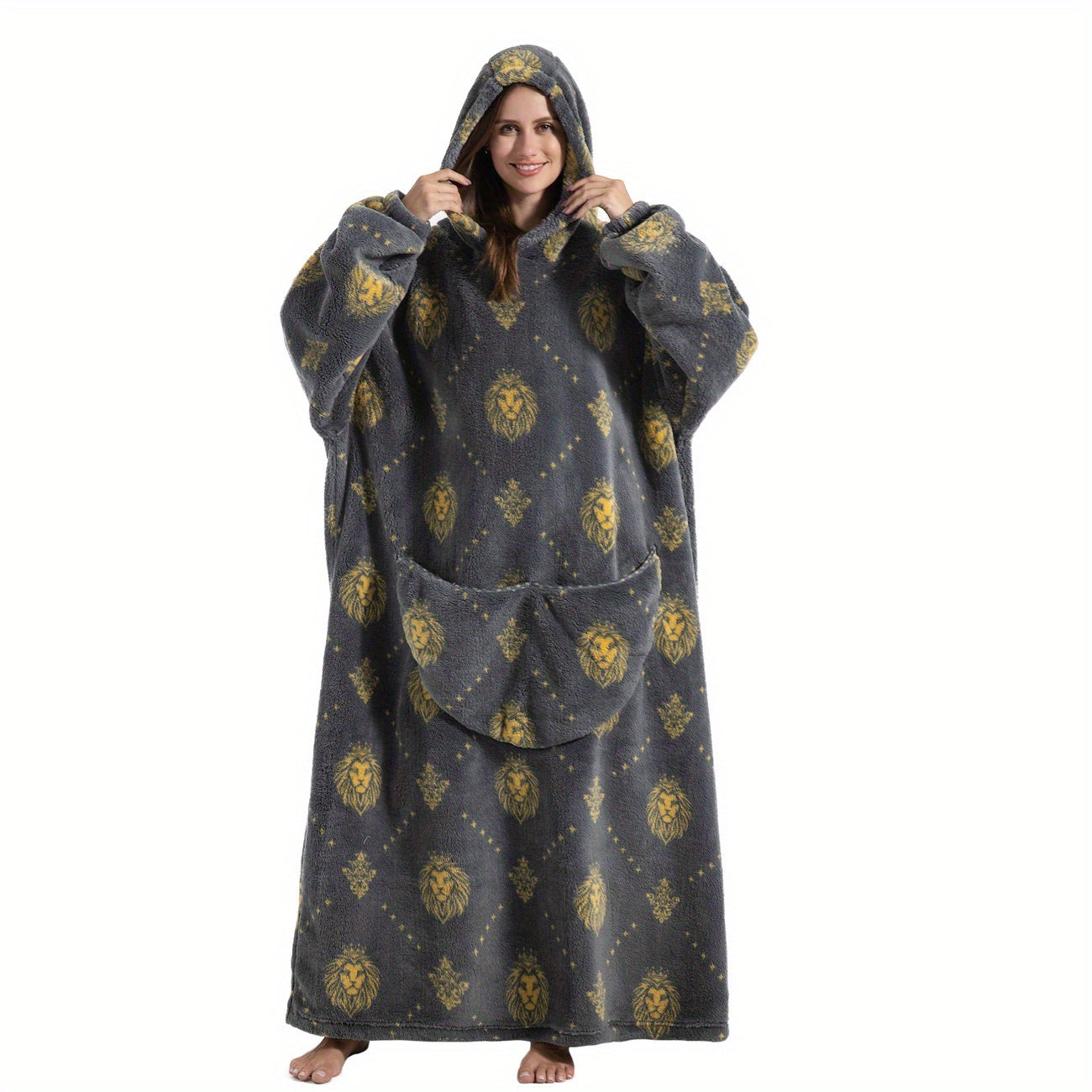 Stay warm and stylish in our oversized hoodie wearable blanket featuring a fun pepperoni pizza print. Made from super soft, warm polyester, this adult robe comes with a large front pocket for your convenience. Perfect for both men and women, this