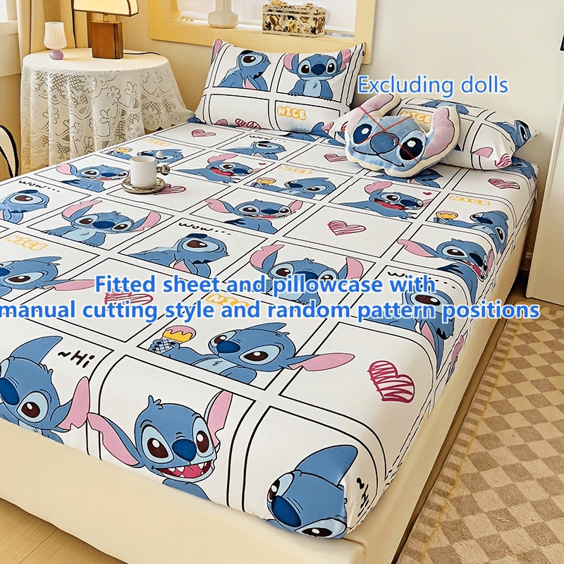 Enhance Your Space with Disney Stitch Themed 3-Piece Bedding Set Including Soft Fitted Sheet, Pillowcases, and Blue Plush Cushion. Made from High Quality Woven Fabric, Ideal for Home, Office, or Guest Room Decor.