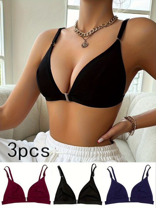 3-piece solid wireless cami bra set with front closure for elegant comfort, push-up support, and lingerie for women