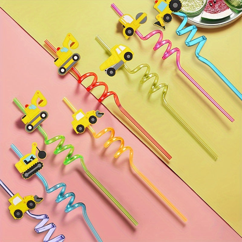 Set of 8 Construction Vehicle Themed Party Straws - Made from Sturdy Plastic, Ideal for Decorating Birthdays and Events