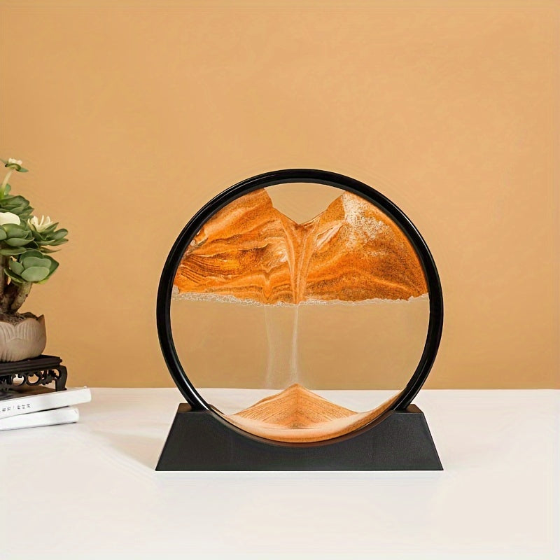 7-inch round glass frame with moving liquid sand picture depicting a 3D deep sea landscapes; no battery required.